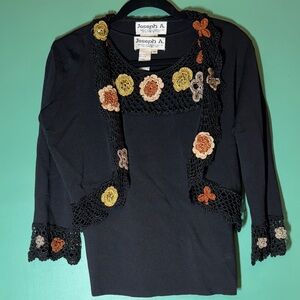 Joseph A Black Cardigan and Tank Set with Crochet Floral Details